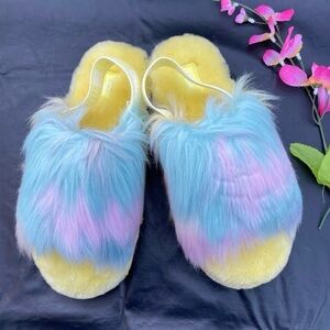 UGG Yellow and Blue Furry Slippers big kids size 4
